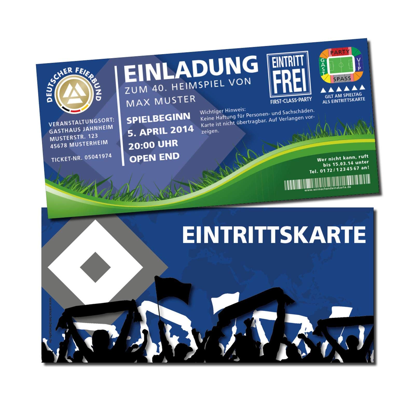 Biglietto di invito per compleanno, biglietto di stadio di calcio, blu Amburgo