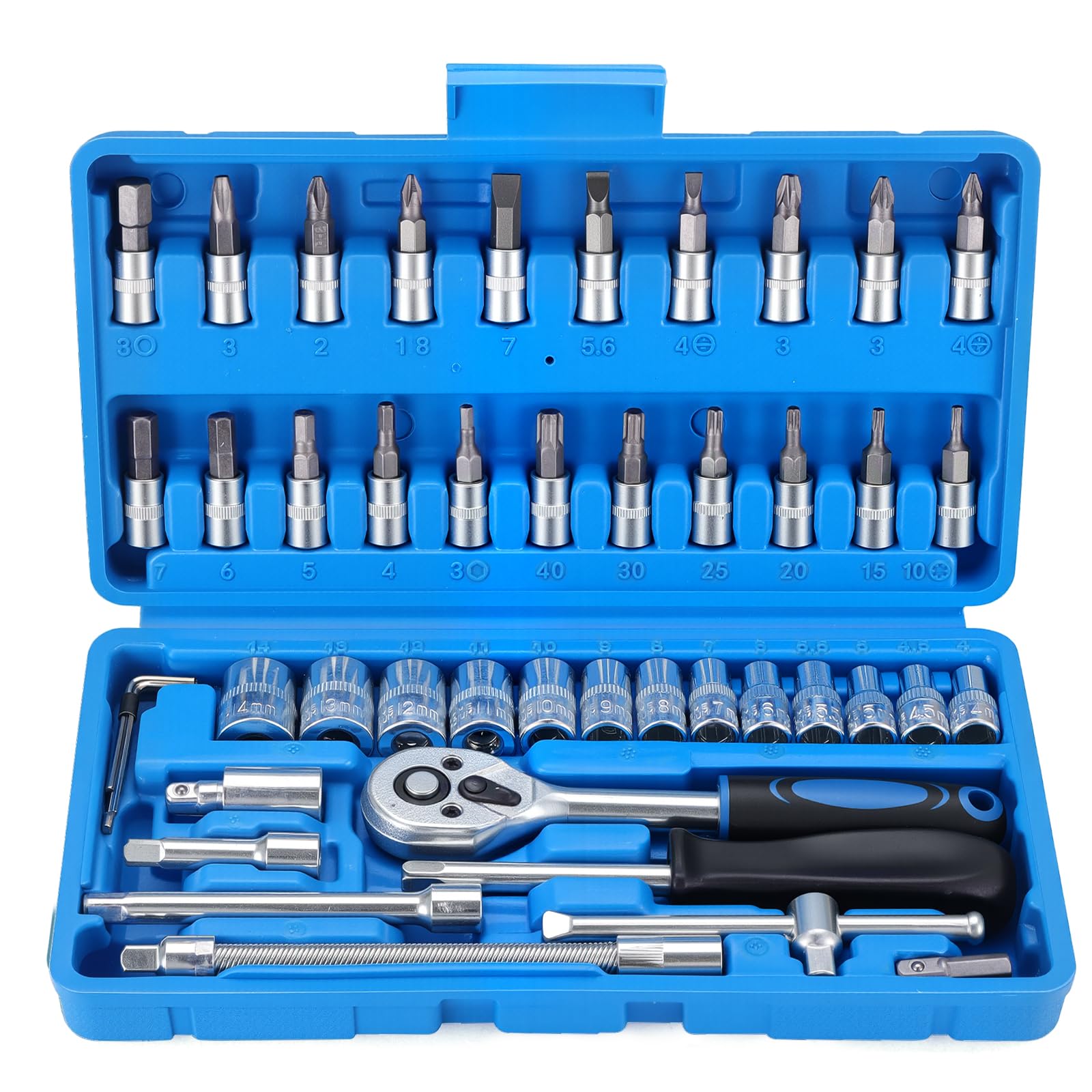 WiMas 46PCS Socket Wrench Set, Ratchet Socket Set, Metric Drive Socket Wrench Ratchet Tools Kit, Screwdriver Bits Auto Vehicle Repair Tool 1/4 Inch (Blue)
