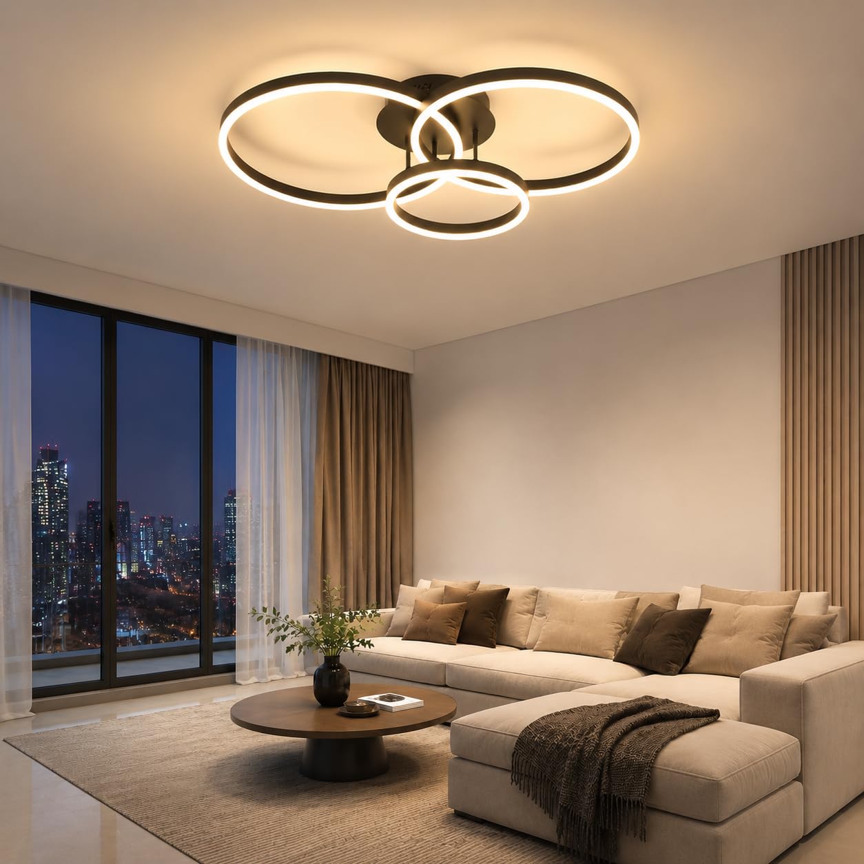 ZMH Deckenleuchte Wohnzimmer Deckenlampe LED 82 CM Wohnzimmerlampe Schwarz | 74W Schlafzimmerlampe dimmbar mit Fernbedienung innen Deckenbeleuchtung 3 Ring Modern Design für Schlafzimmer Küche Büro