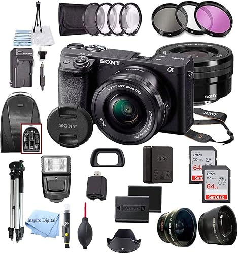 Alpha a6400 - Cámara digital sin espejo, sensor de 24.2MP con lente de 0.630-1.969 in, paquete de 2 tarjetas de memoria SanDisk de 64 GB, mochila,