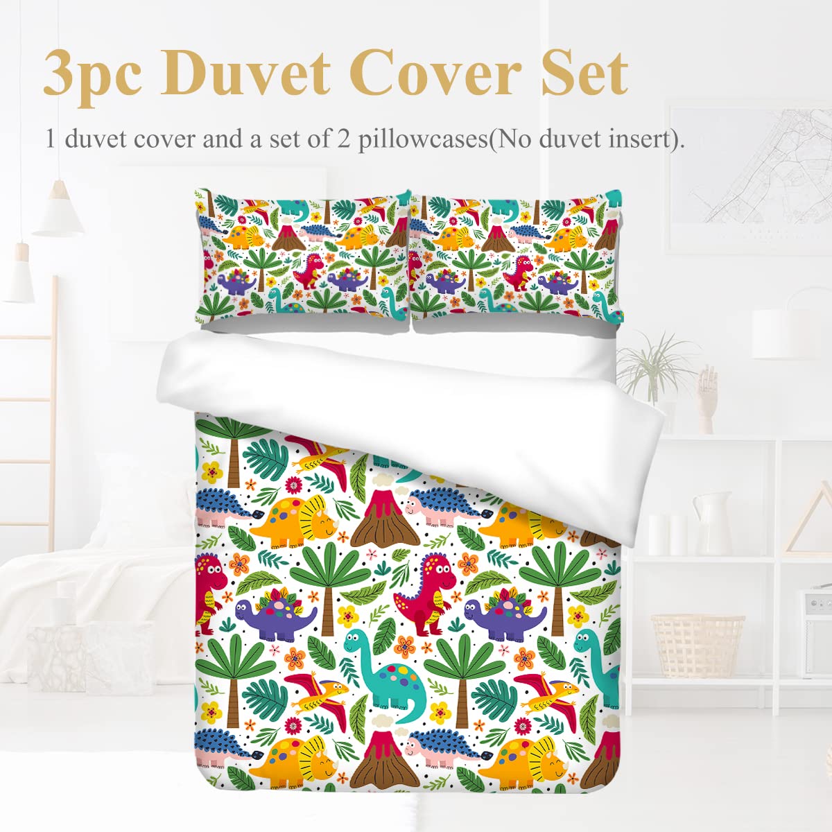 ARIGHTEX Dinosaur Cartoon Kids Boys Colorful Dino Duvet Cover and Pillow Shams Cute Dinosaurs Green Plants Teen Bedding Set (3 Piece, Full)