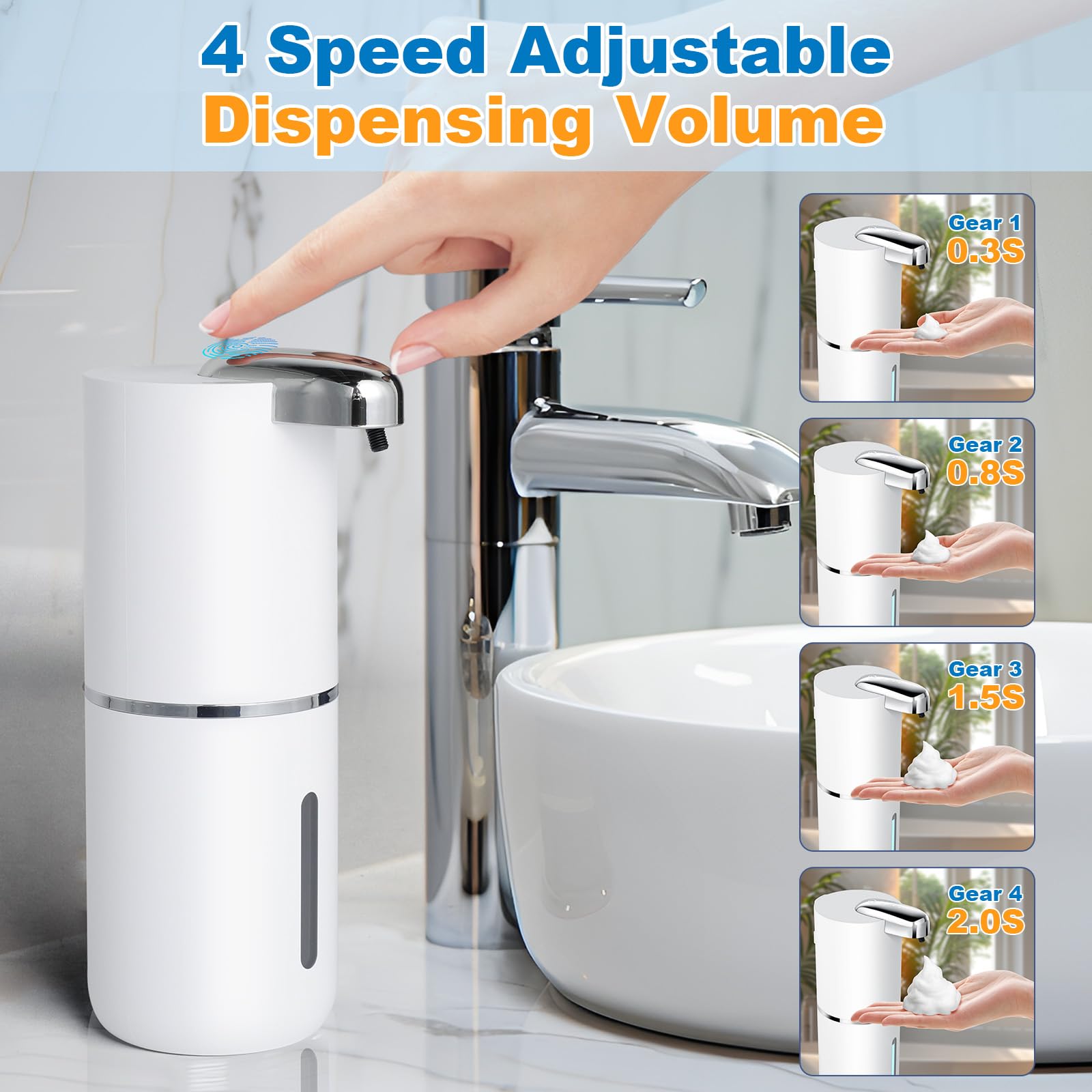 AiQInu Dispensador de Jabón Automático, Dispensador Pared, IPX5 Resistente, 4 Niveles Ajustables, USB C Sensor Dispenser Jabon Cocina, para Champú y Acondicionador, para Baño Hotel Oficina