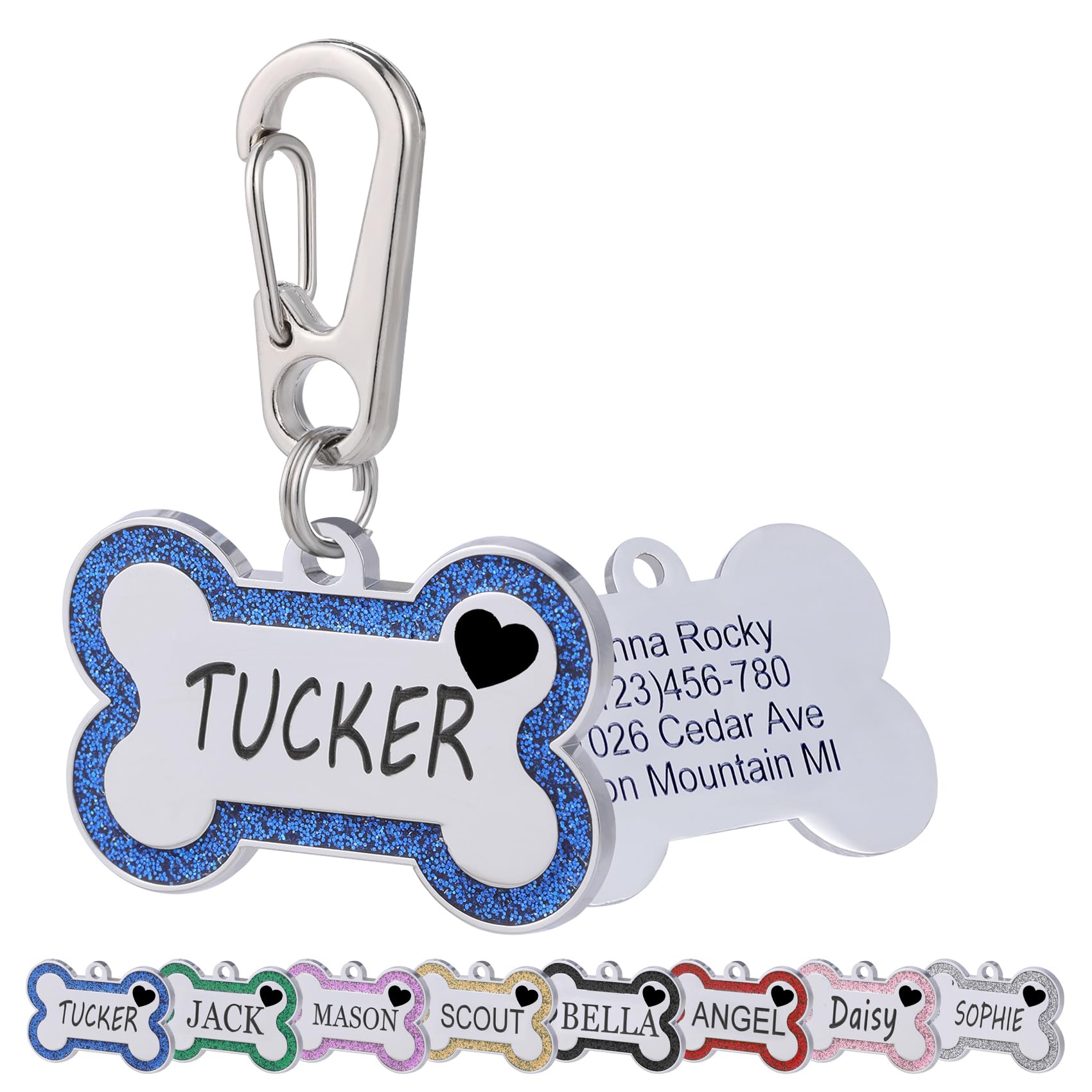 Personalized Dog Tags for Pets Deep Engraved Text and Cute Heart Icons Glittering Bone Shapes Double Sided Engraving Suitable for Dogs and Cats ID