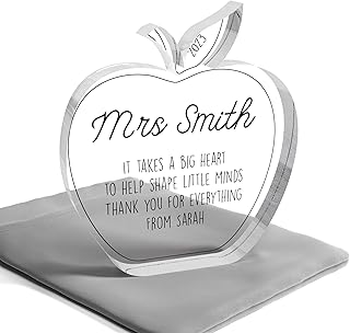 Beecreative Personalised Teacher Apple - It Takes A Big Heart To Help Shape Little Minds - Thank You Teacher - Acrylic Teacher Present - With Grey Bag