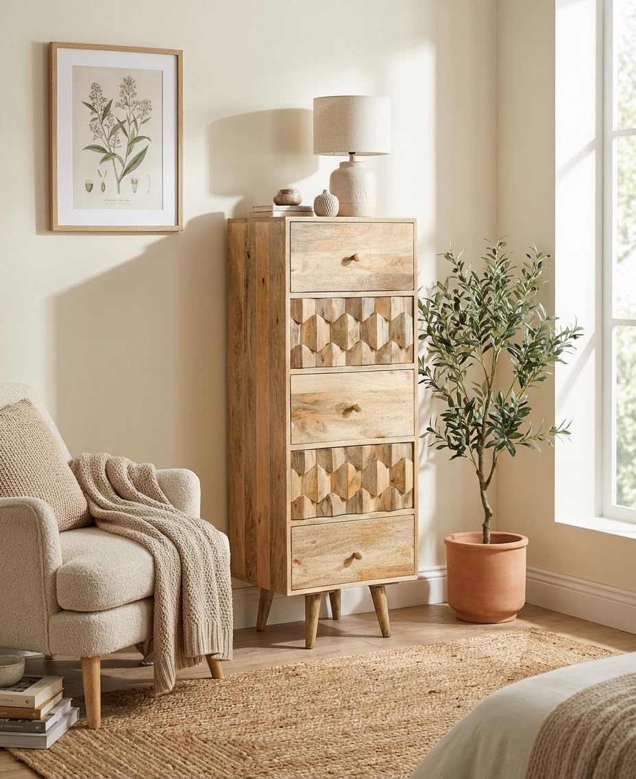 Solid Mango Wood Chest of Drawer for Bed Room |Living Room Dresser | Wooden Storage Furniture with 5 Drawers Storage | 136H x 45D x 50W CM-image-16