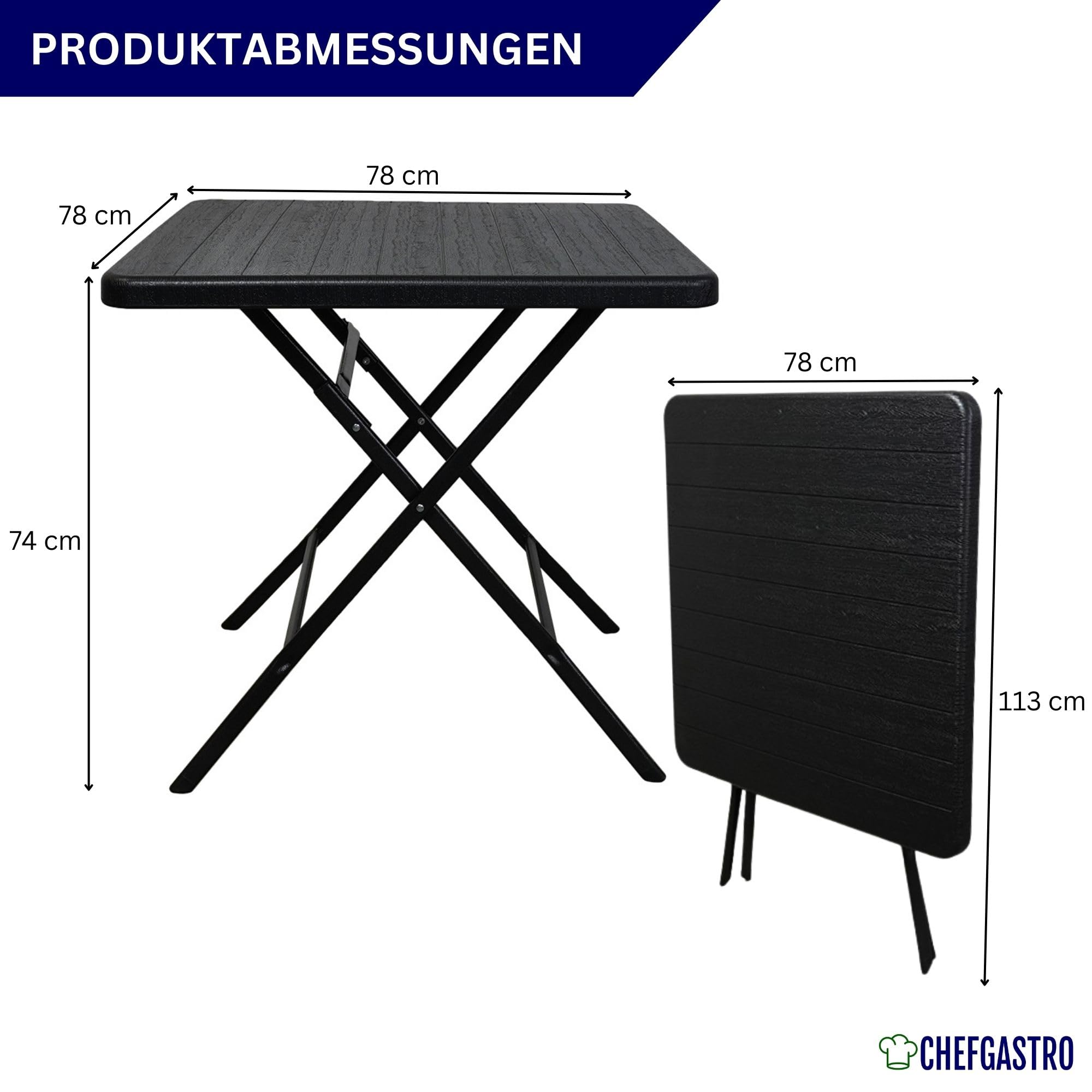 CHEFGASTRO Balkontisch klappbar 78x78cm Gartentisch wetterfest 4 Personen Kunststoff Holz Optik Schwarz Campingtisch Outdoor Klapptisch Klein Balkonmöbel Bistrotisch für Garten Terrasse Balkon