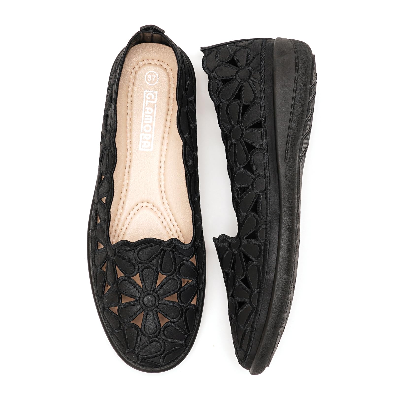 GLAMORA Bailarinas Mujer cómodas Verano, Zapatos con cuña Baja Calado Floral Transpirables, Suela Flexible Antideslizante, Plantilla Acolchada Confort