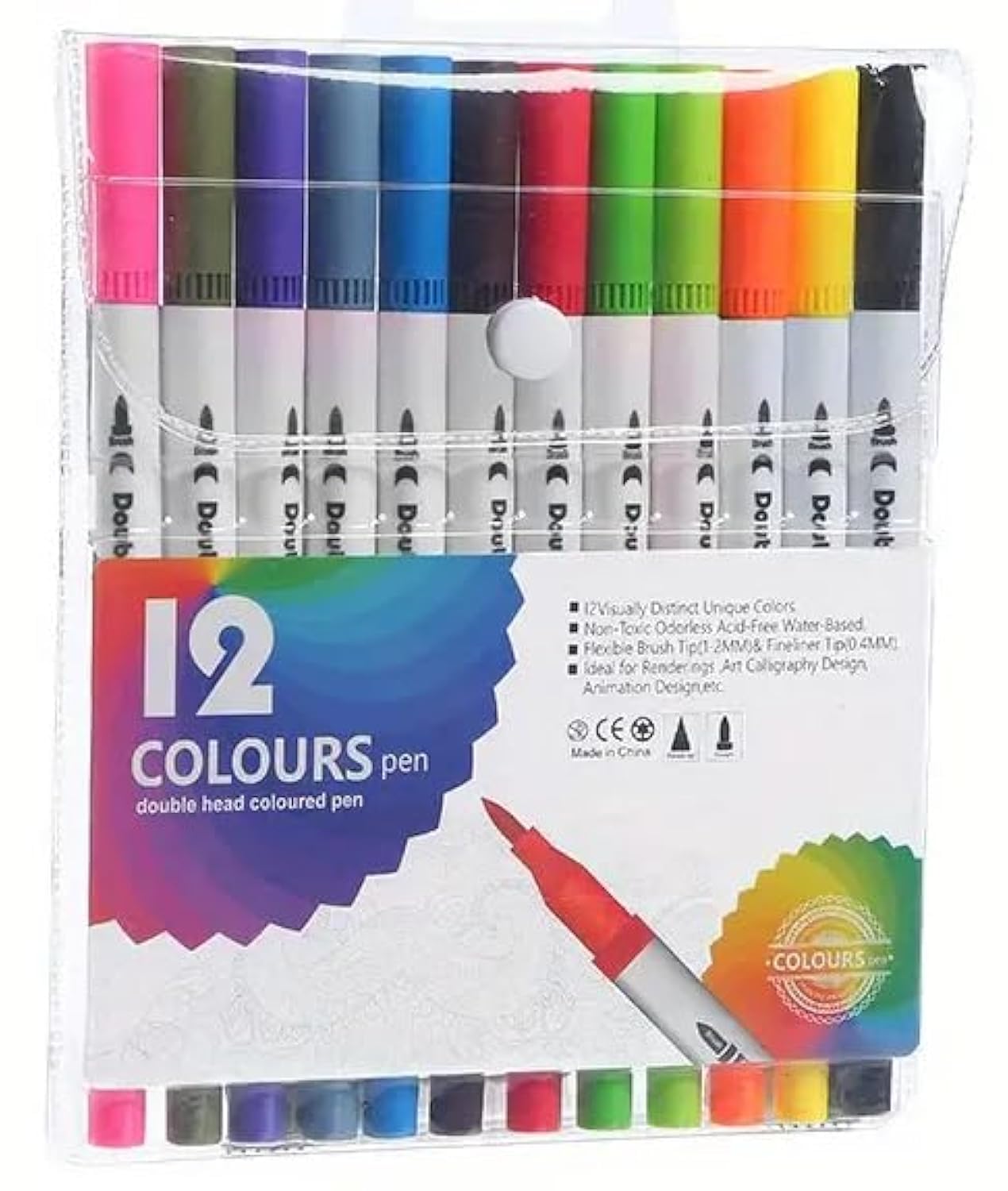 Qatalitic Set of 12 Dual Tip Brush Marker Pens, Brush Tip with Fine Liner 0.4 mm and Markers Pen with 1-2 mm Tip, Double Ended Painting Pen, Used for Drawing, Sketching-picture-2