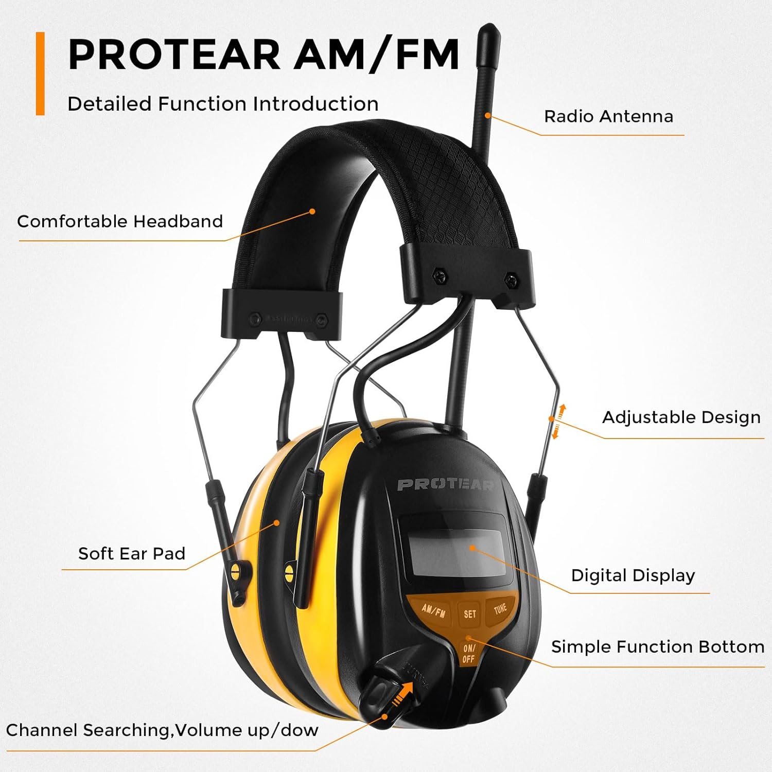 AM/FM Radio Headphones 25dB NRR,Noise Reduction Safety Earmuffs,Digital Display Headset,Powered by AA Battery,Hearing Protection for Walkman Mowing Lawn Work(Yellow)