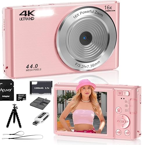 Acuvar Cámara digital compacta de apuntar y disparar de 44 MP, zoom digital de 16X, pantalla de 2.4 pulgadas y tarjeta SD de 32 GB, lector de