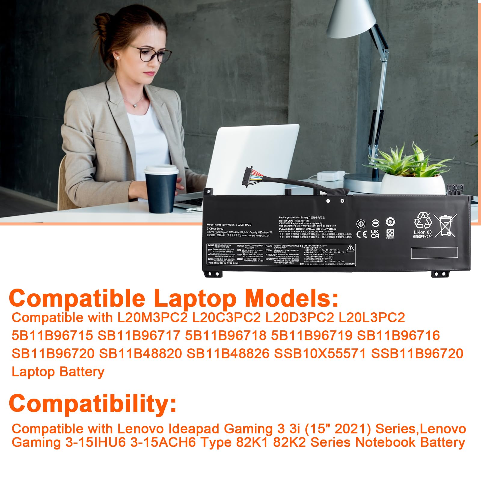 JIMACRO L20C3PC2 L20D3PC2 L20M3PC2 Batería Compatible con Portátil Lenovo Ideapad Gaming 3 3i Gaming 3-15IHU6 3-15ACH6 Tipo 82K1 82K2 Serie 82K1002RGE 82K200T3GE 5B11B96715 5B11B96719 L20L3PC2