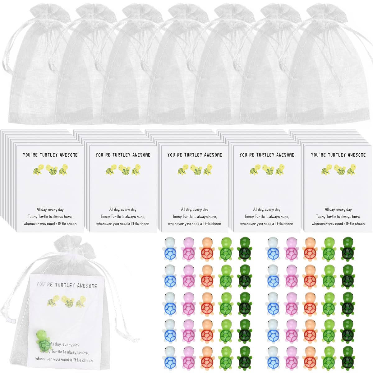 CENBEN 50 Sets You're Turtley Awesome Inspirational Gift,Including 50 Mini Sea Turtle Figure,Inspirational Gift Turtle Greeting Cards,Small Organza Bags for Staff Employee Appreciation Pocket Favors