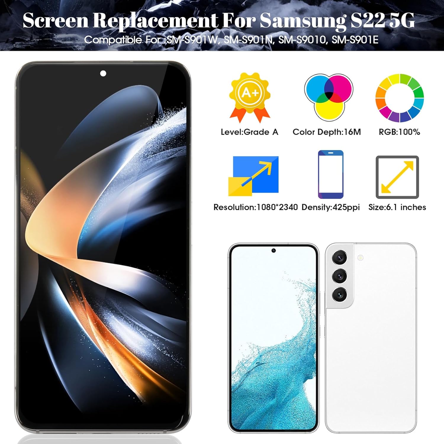 SRJTEK OLED for Samsung S22 5G Screen Replacement for Samsung Galaxy S22 5G SM-S901B G901U G901A G901W Digitizer Touch Screen Assembly with Frame US Version Silver (with Fingerprint)