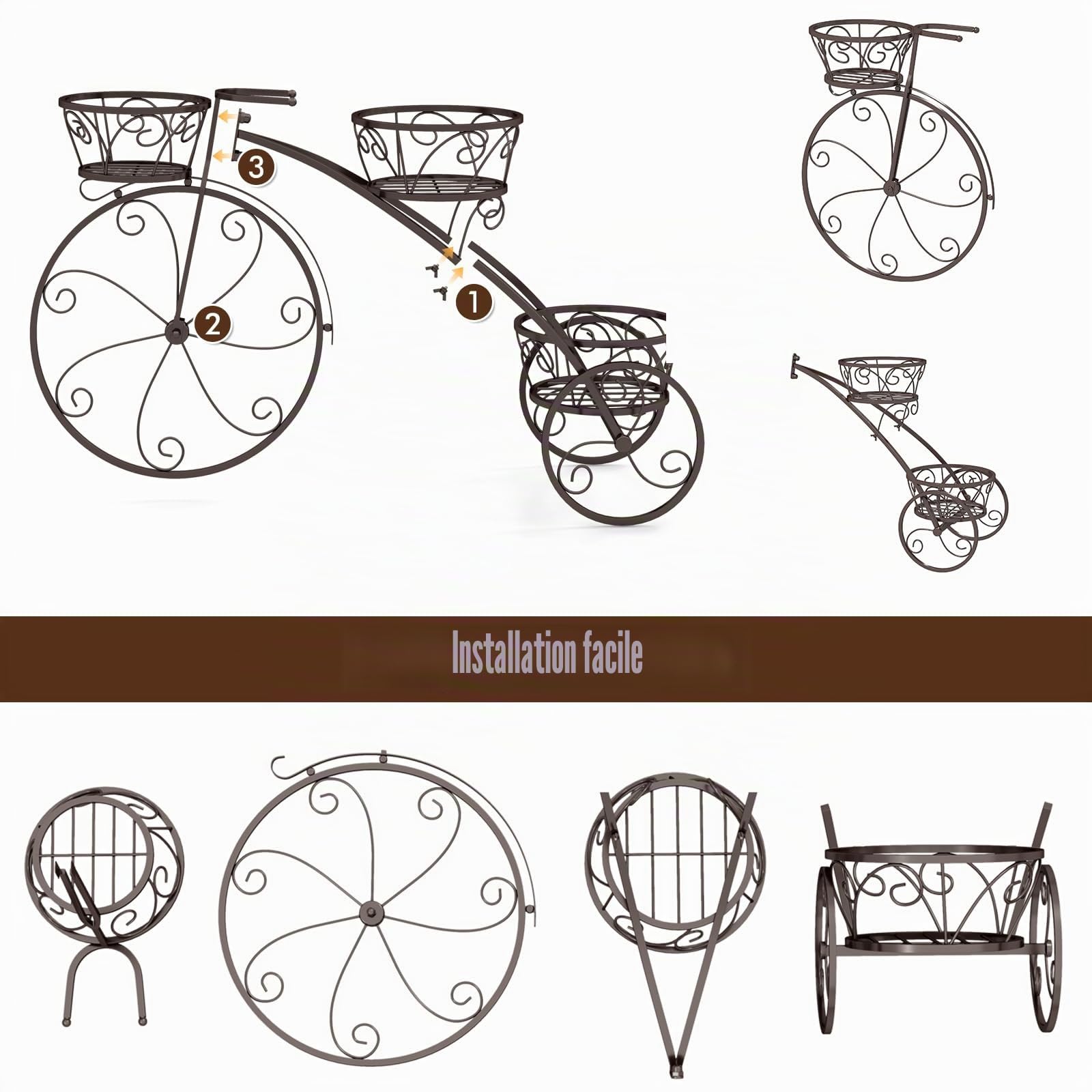 HOMASIS Support de Fleurs en Forme de Vélo, Échelle de Plantes en Métal avec 3 Niveaux, Jardinière pour Plantes, Style Vintage pour Jardin, Balcon, Bureau, Étagèrer, 85 x 25 x 50 cm, Bronze