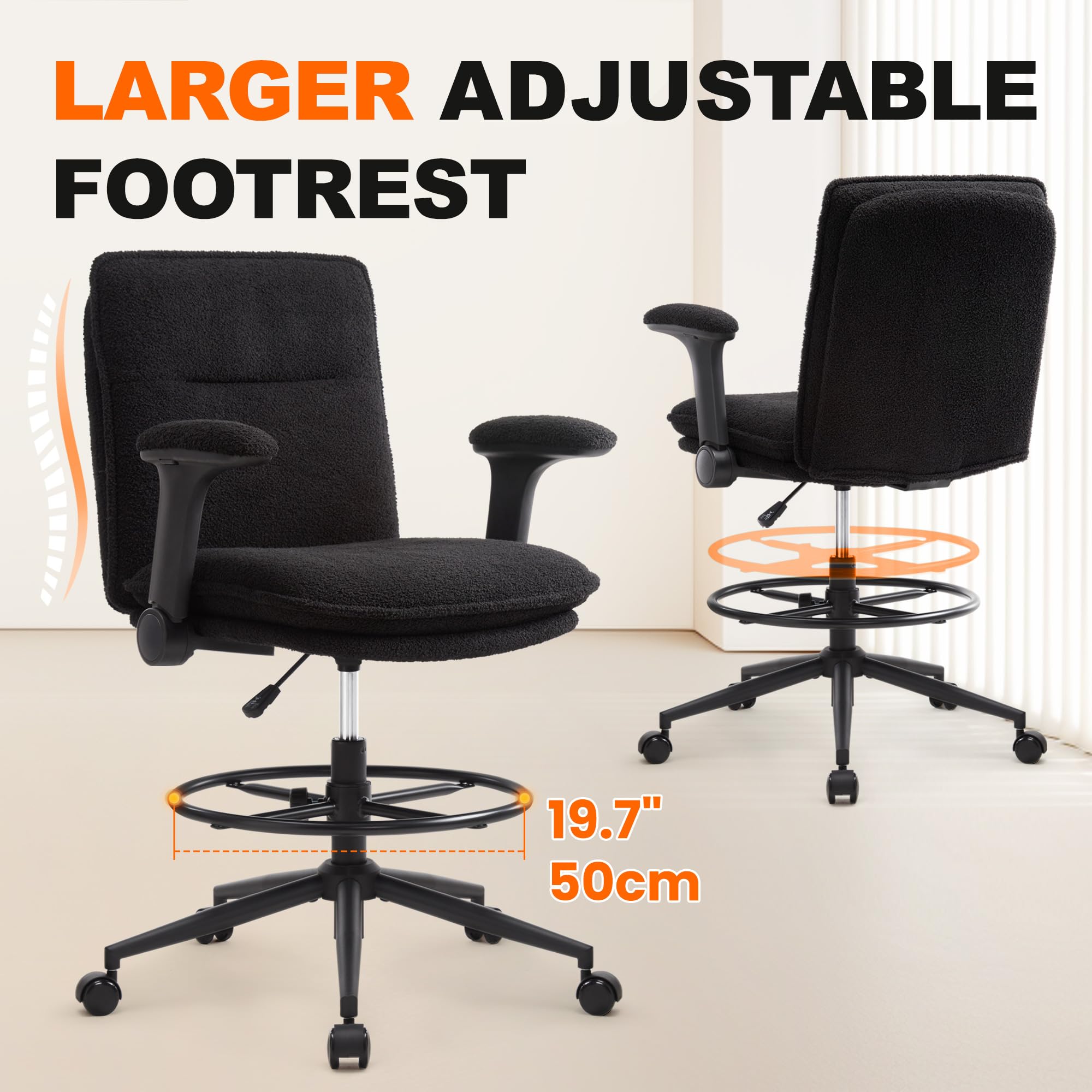 Silla de trabajo ergonómica regulable en altura, giratoria con reposapiés ajustable y reposabrazos plegables negra