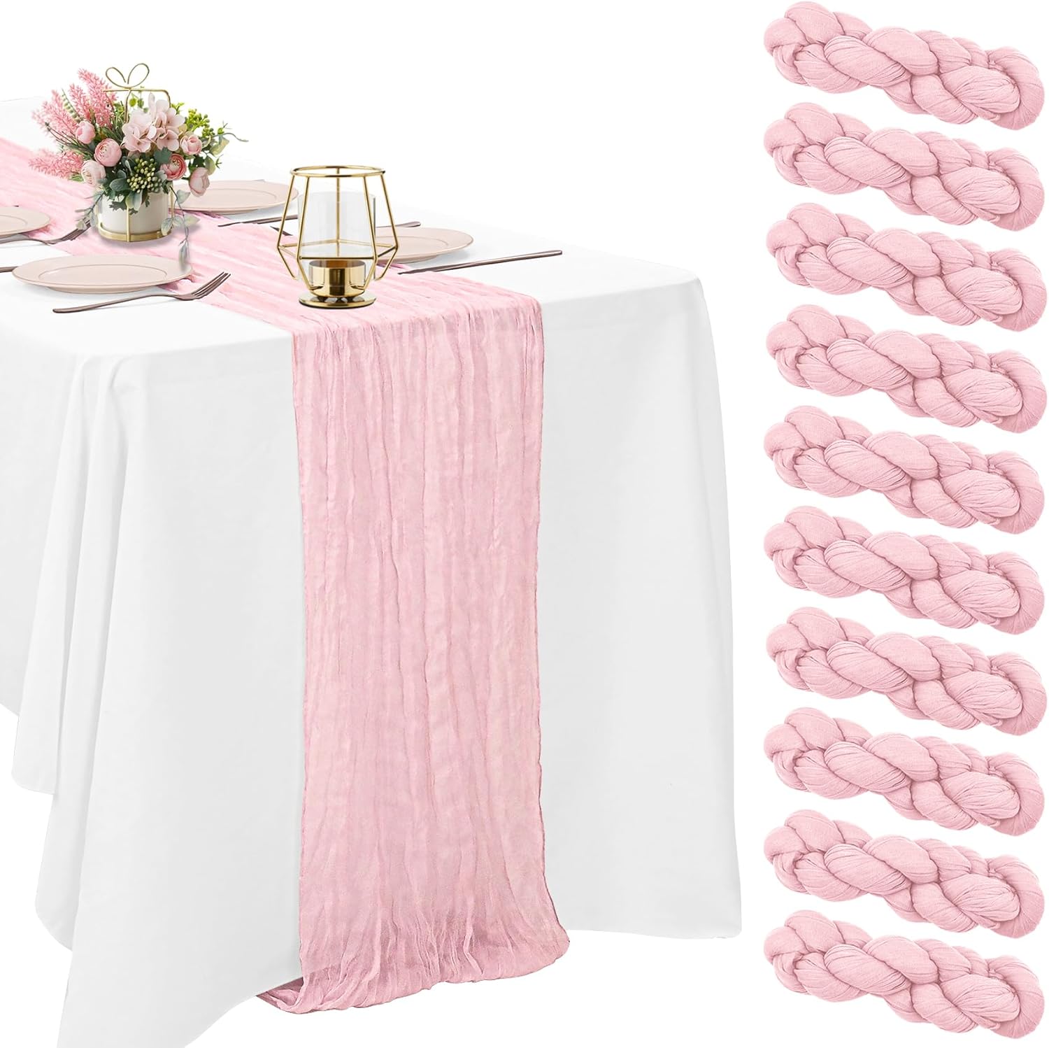 10 Pack Light Pink Cheesecloth Table Runner 10FT Boho Gauze Fabric Table Runner Vintage Rustic Sheer Runners for Wedding Party Bridal Baby Shower Long Table Decorations Light Pink 21"x120"