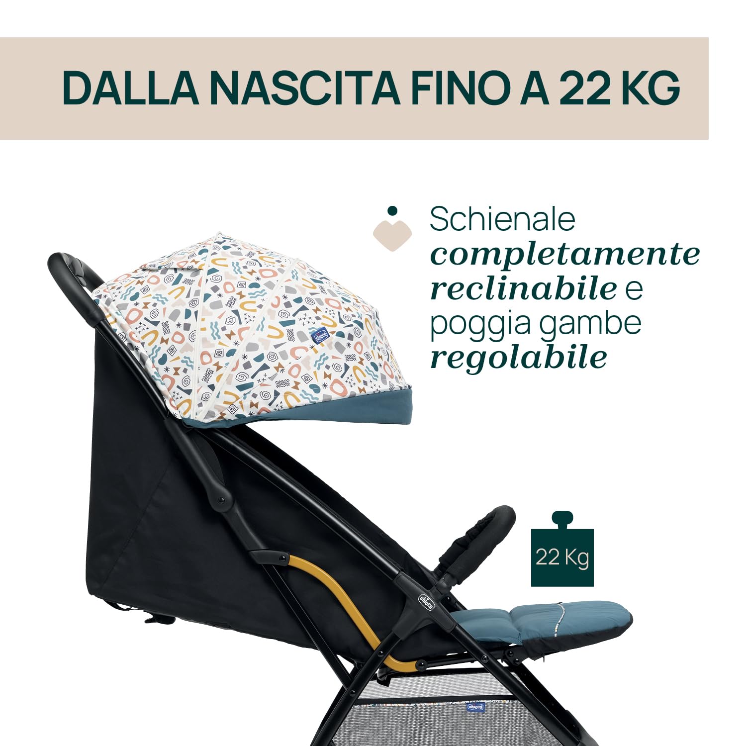 Chicco, Glee, Passeggino 0+ Mesi-22 Kg, con Chiusura Automatica e Compatta, Capotte Estensibile con Trattamenti UV50+ Antipioggia, Schienale Reclinabile e Regolabile, Poggiagambe