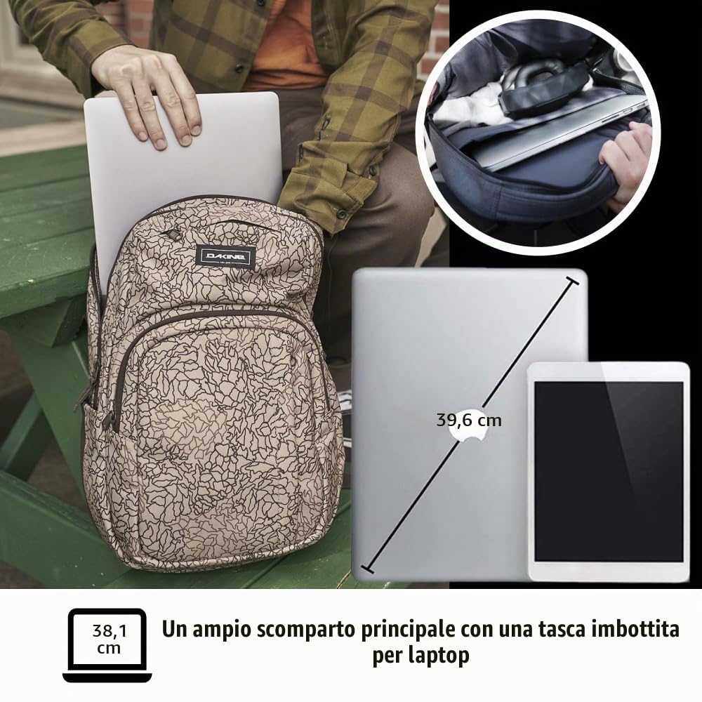Dakine Zaino Campus M grande, 25 & 33 litri, zaino robusto con scomparto per laptop e imbottitura posteriore in schiuma - ideale per la scuola, l’ufficio, l’università o come zaino da viaggio