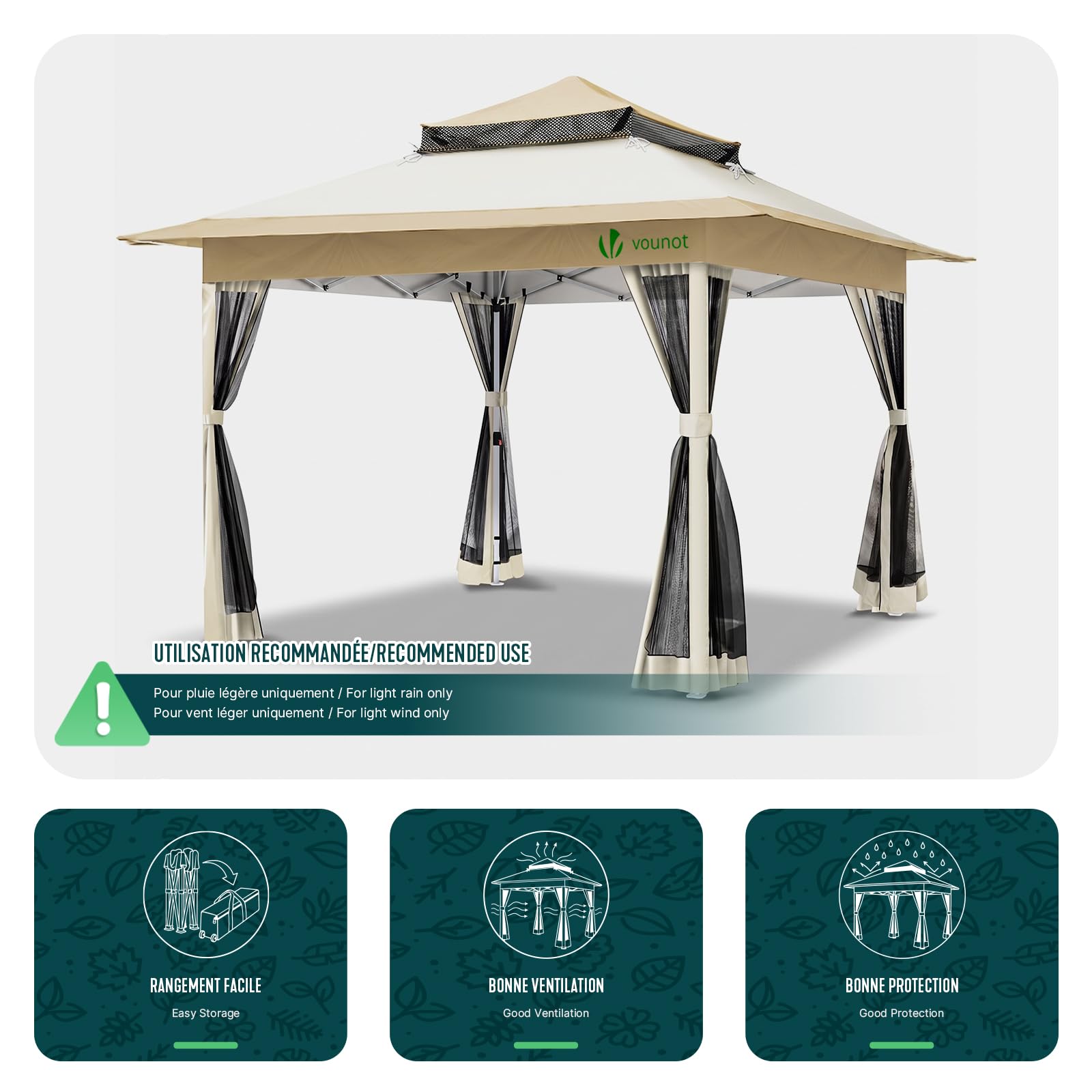 VOUNOT® Pavillon Faltbar 3,6x3,6m, Pop Up Partyzelt mit Mesh Sides & Doppeldach, Faltpavillon Stabil mit Bein Gewichte & Roller Bag, Gartenpavillon Gartenzelt Beige
