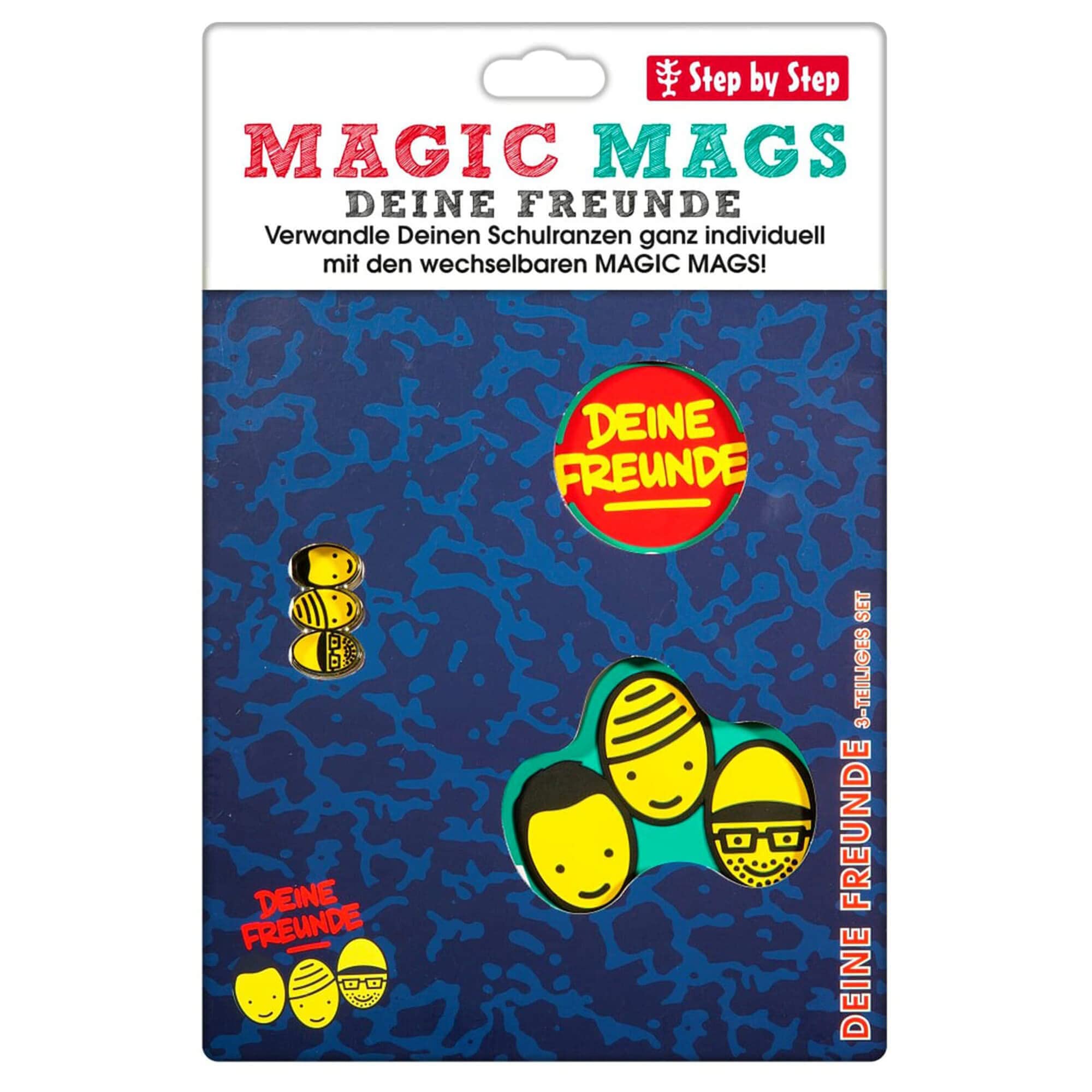 Step by Step Magic MAGS "Twoi przyjaciele", 3-częściowy, 2 aplikacje magnetyczne i 1 zawieszka, pasuje do tornistra lub plecaka przedszkolnego, niebiesko-czerwono-żółto-czarny, wzór dla Twoich przyjaciół, Twoi przyjaciele - niebiesko-żółto-czerwony
