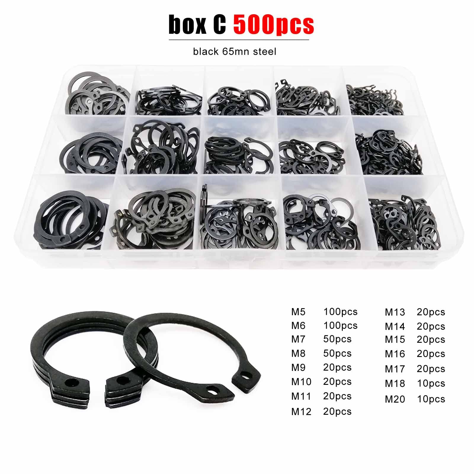 Anello elastico a scatto in acciaio inossidabile, pinze for anelli di bloccaggio, anelli elastici, kit assortimento 250/900 pezzi Set da M5 a M20 Nero 65 minuti Cuscinetto albero Clip di fissaggio Ane