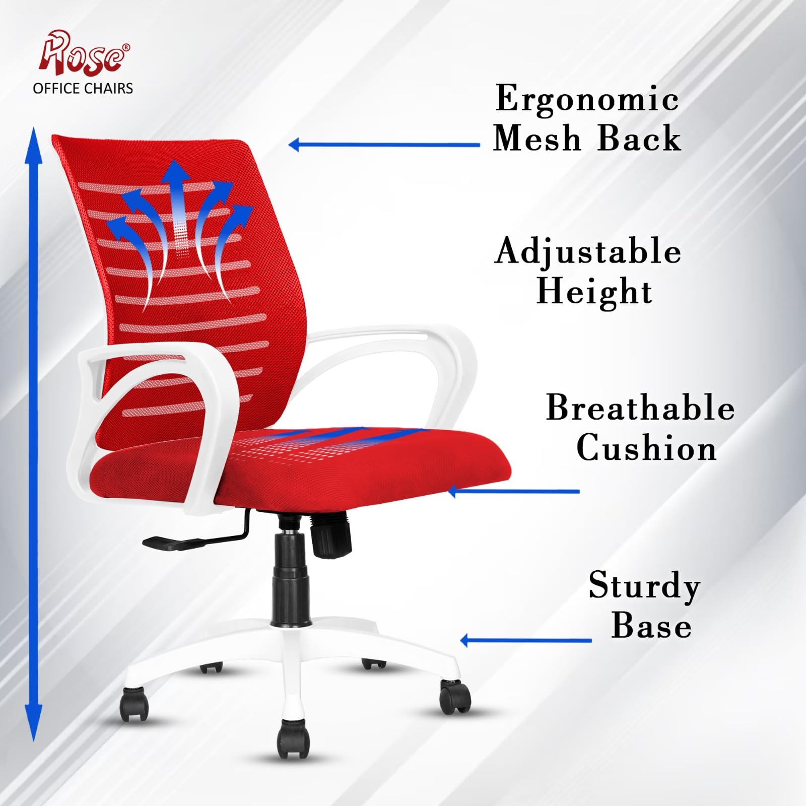 ROSE® Elite | 3 Years Brand Warranty | Ergonomic Office Chair, Study, WFH, Revolving, Rolling, Desk, Task, Laptop, Student Chair (White & Red, Elite Pro MB) 4