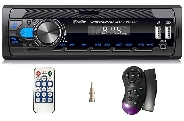 iFreGo Car Radio Bluetooth, Single DIN Car Stereo,FM Radio,Car Audio Receivers with Handsfree Calling & Music Streaming,Supports USB,SD,AUX,7 LED Colors MP3 Player,Quick Charge,Clock Display,No CD