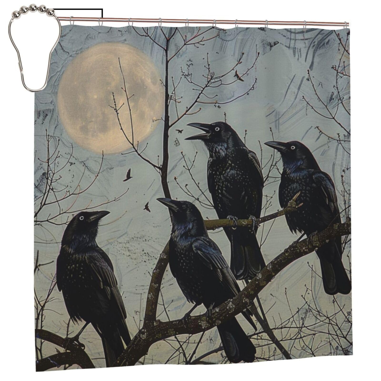 BWWHCCTI Black Crow Birds Printed Shower Curtain With 12 Iron Hooks Opaque Quick Drying Waterproof Shower Curtains Sets For Bathroom 183x183 CM