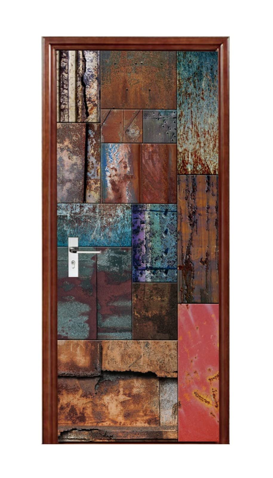 A.Monamour Adesivo Porta Autoadesiva 3D Fondo Rustico Della Parete Della Vernice Variopinta Della Porta Del Metallo Del Grunge Vinile PVC Adesivi per Porte Interne Pellicola Poster Sticker Parete