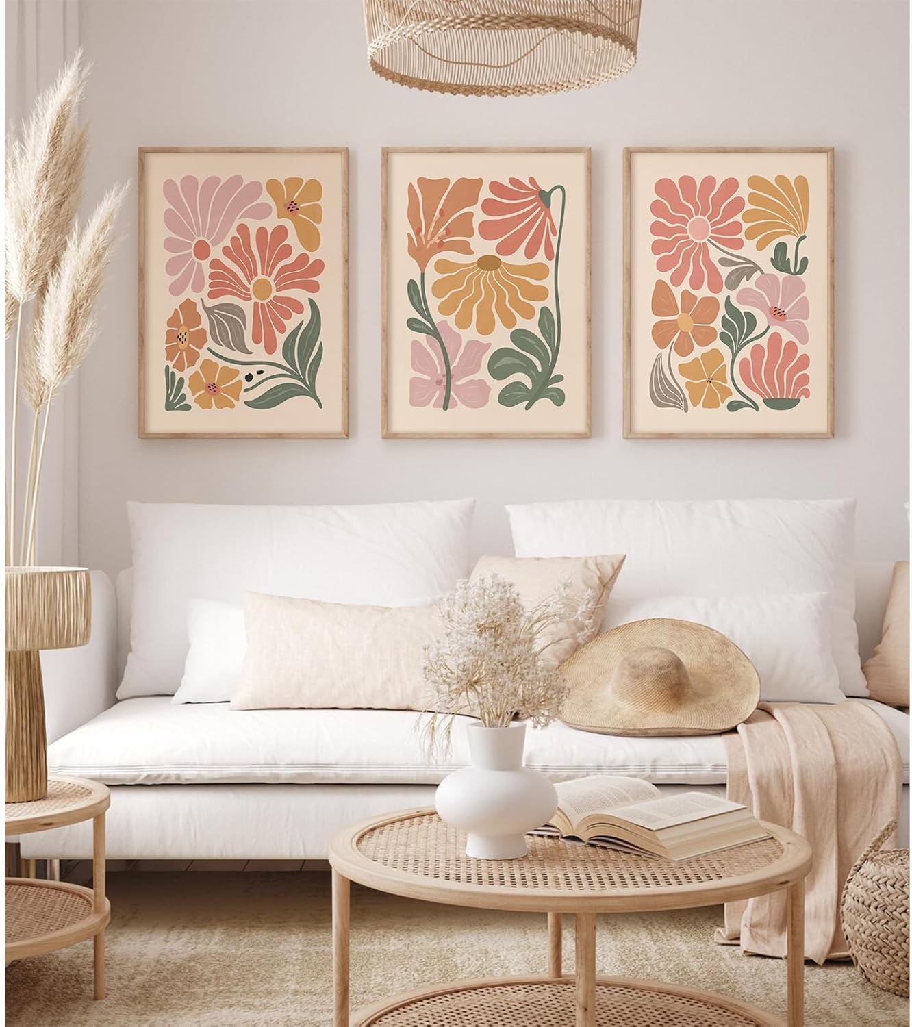lianyibo Boho Flower Wall Art Abstract Floral Canvas Prints Minimalist Flower Market Painting Poster Living room Bedroom Decor(70x100cmx3/Frameless)