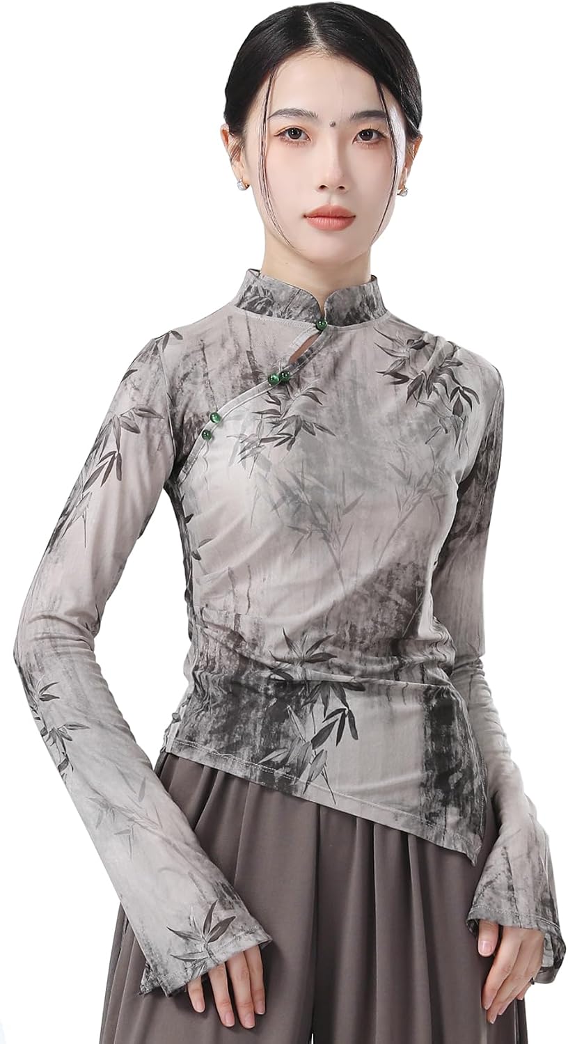 Angcoco Women's Chinese Traditional Ink Painting Cheongsam Blouse Tops