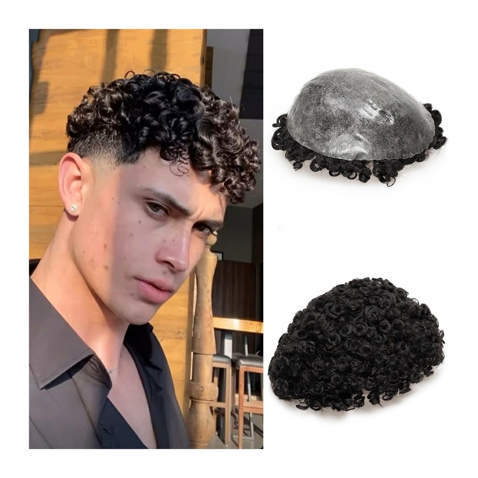 Parrucca per Coprire La Calvizie, Toupet Afro per Uomo, Spessore 0,12-0,14 Mm, in Pelle Pu Integrale con Parte Anteriore Smerlata, Toupet da Uomo, Riccioli da 15 Mm, Base（15Mm Curl-#1B-7X9）