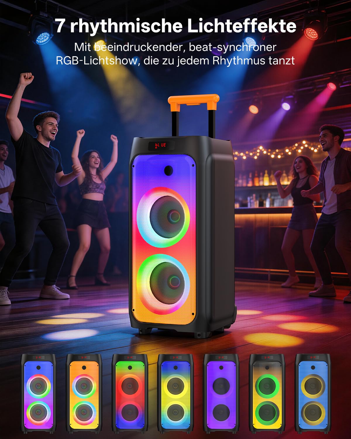JYX Karaoke Anlage mit 2 drahtlosen Mikrofonen, Bluetooth Party Lautsprecher mit Rädern, Disco Lichtern und Subwoofer, 500W PA System für Party, Outdoor und Karaoke, TWS/SD/USB/AUX/Rec