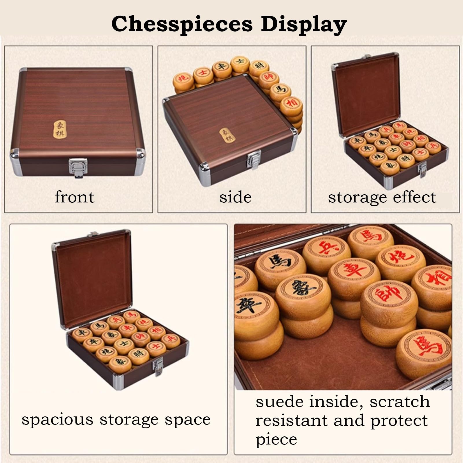 Scacchi Cinesi Xiangqi in Legno di Sandalo Dorato per 2 Giocatori, Set da Gioco da Tavolo da Viaggio Portatile Tradizionale Cinese con Scacchiera in Pelle e Scatola Regalo (4,8 cm/