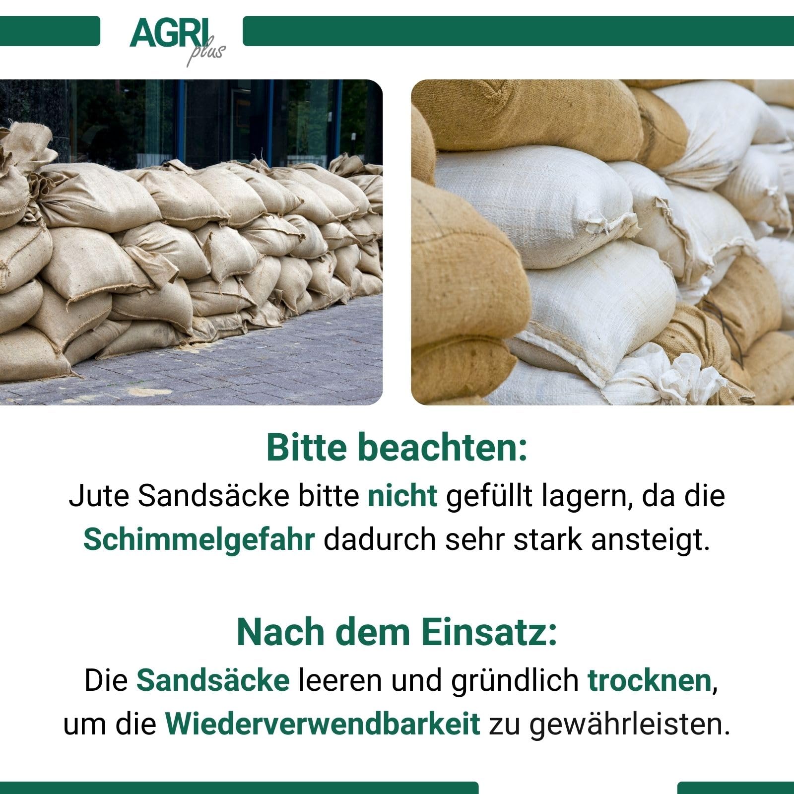 AGRI plus 100 Stück Hochwassersäcke unbefüllt I 40 x 60 cm I nachhaltige Hochwasserbarriere-Säcke aus Jute I Flutschutzsäcke mit Bindeband I stabile Sandsäcke mit Fassungsvermögen bis 20kg