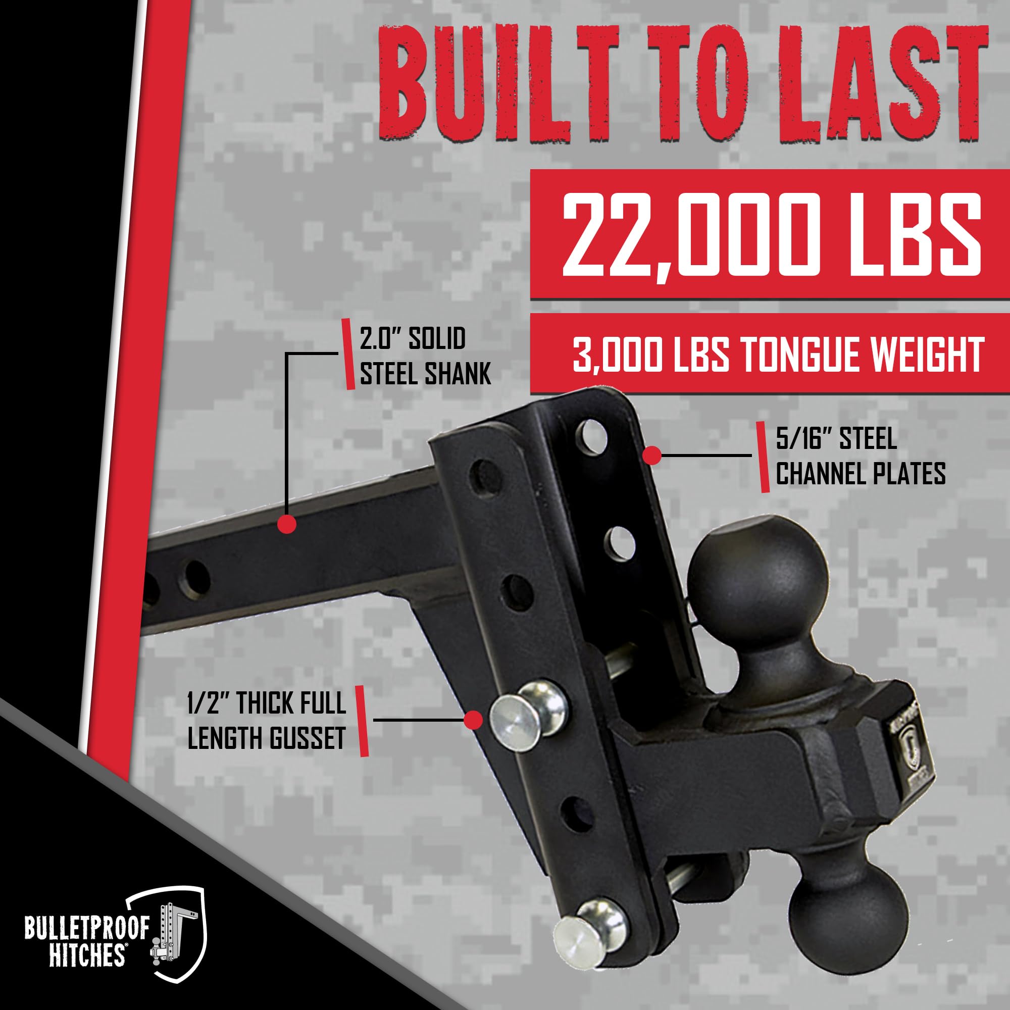 BulletProof Hitches 5 cm regulowany, wytrzymały (10 kg ocena) 10 cm hak holowniczy z podwójną kulką 5 cm i 2 5/40.6 cm (czarny teksturowany lakier proszkowy, lita stal)