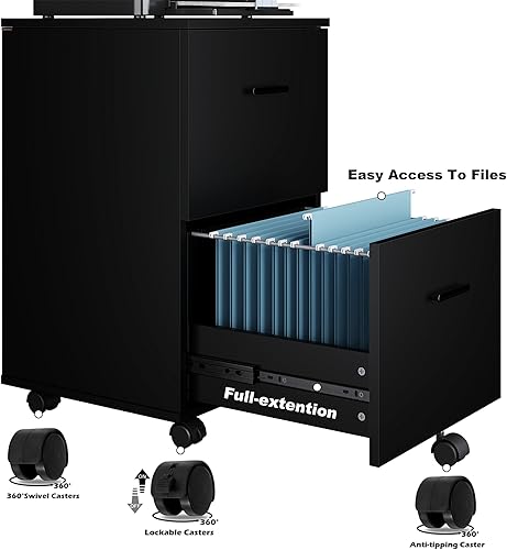 Miniatura 7 de Archivador móvil de 2 cajones, archivador rodante de madera, soporte de impresora, organizador de almacenamiento debajo del escritorio, se adapta a