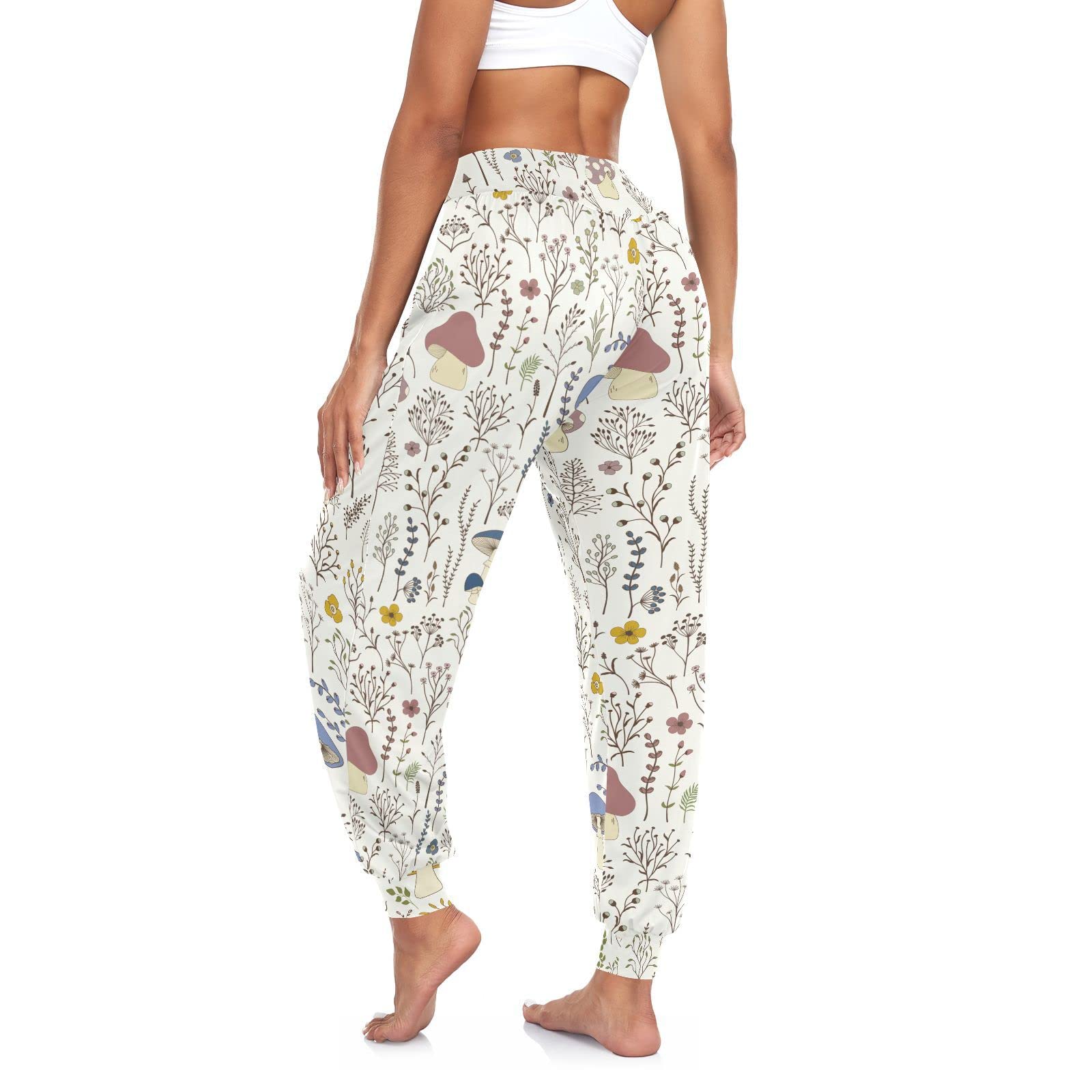 Aflyko Women Dance Pants Mushroom Herb Botanic Boho Trousers Yoga Sweatpants High-Waisted Workout Loose Fit Workout Harem Pants, XL