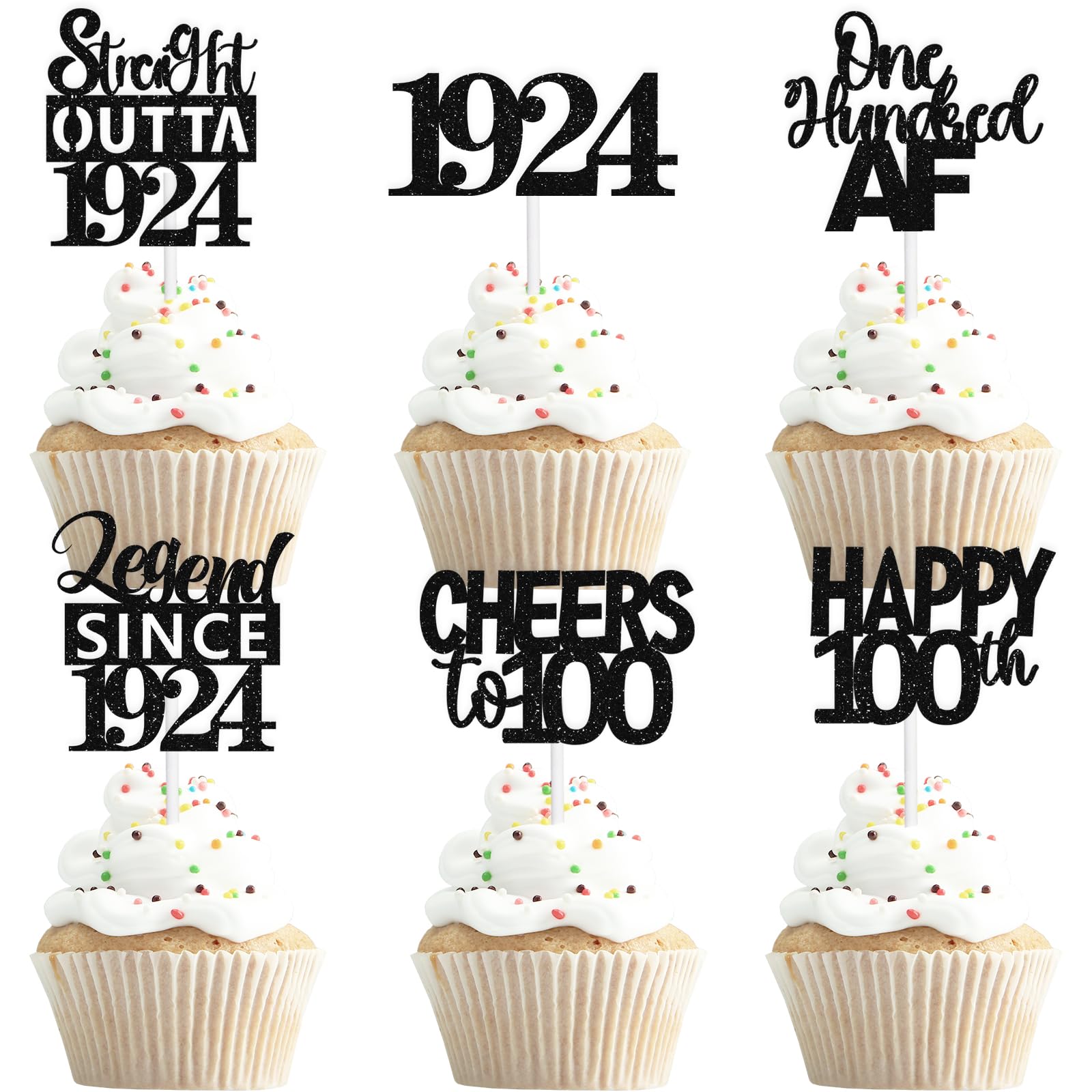 LETLIMIT18pcs Black Glitter Dessert Cupcake Pick for Straight Outta 1924 Legend Since 1924 Theme Decor Supplies Men Happy 100th Birthday Party Decoration