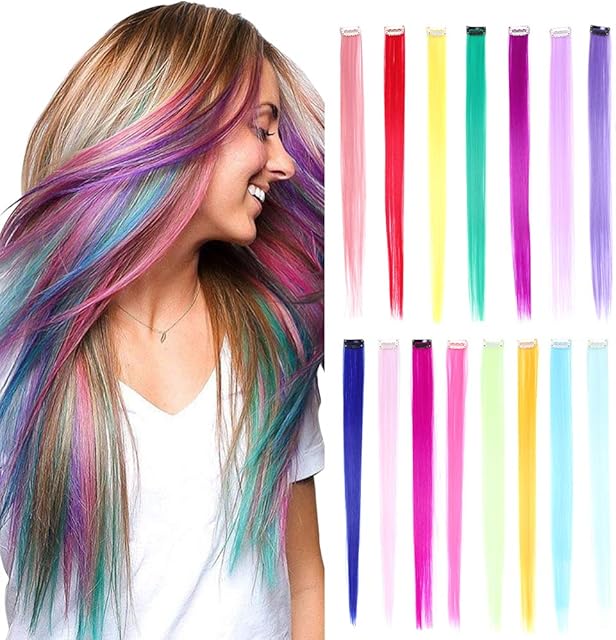 15Pcs Rainbow Color Straight Hair Extensions Clip in 20 Inch Multi-Color Synthetic Clip in Hair Extensions Party Highlights Synthetic Clip in Long Hairpiece for Women Girls Kids Gift(15Colors)