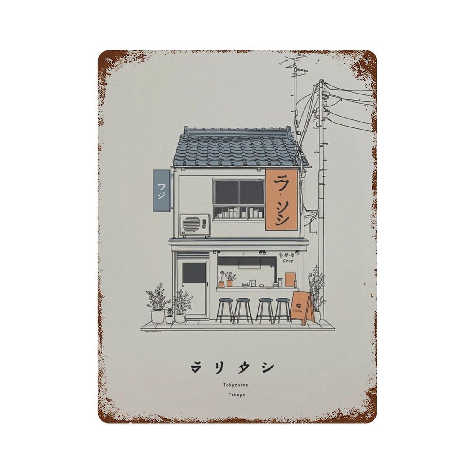 xiaoxiaoshen Japanese Ramen Shop Minimalist Tokyo Travel Cafe Sketch Wall Decor Art Metal Tin Poster Modern Home Decor Art Home Bar Shop Decorations Vintage Sign 40x30cm