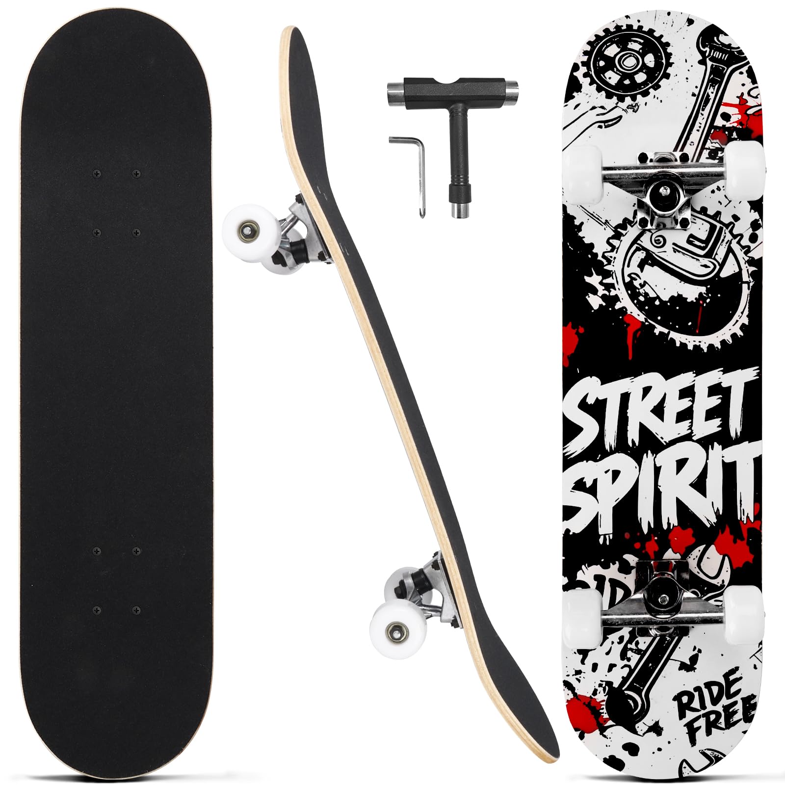 Skateboards for Beginners Adults Youths Teens Kids Girls Boys 31 Inch Pro Complete Skate Boards 7 Layer Canadian Maple Double Kick Concave Longboards