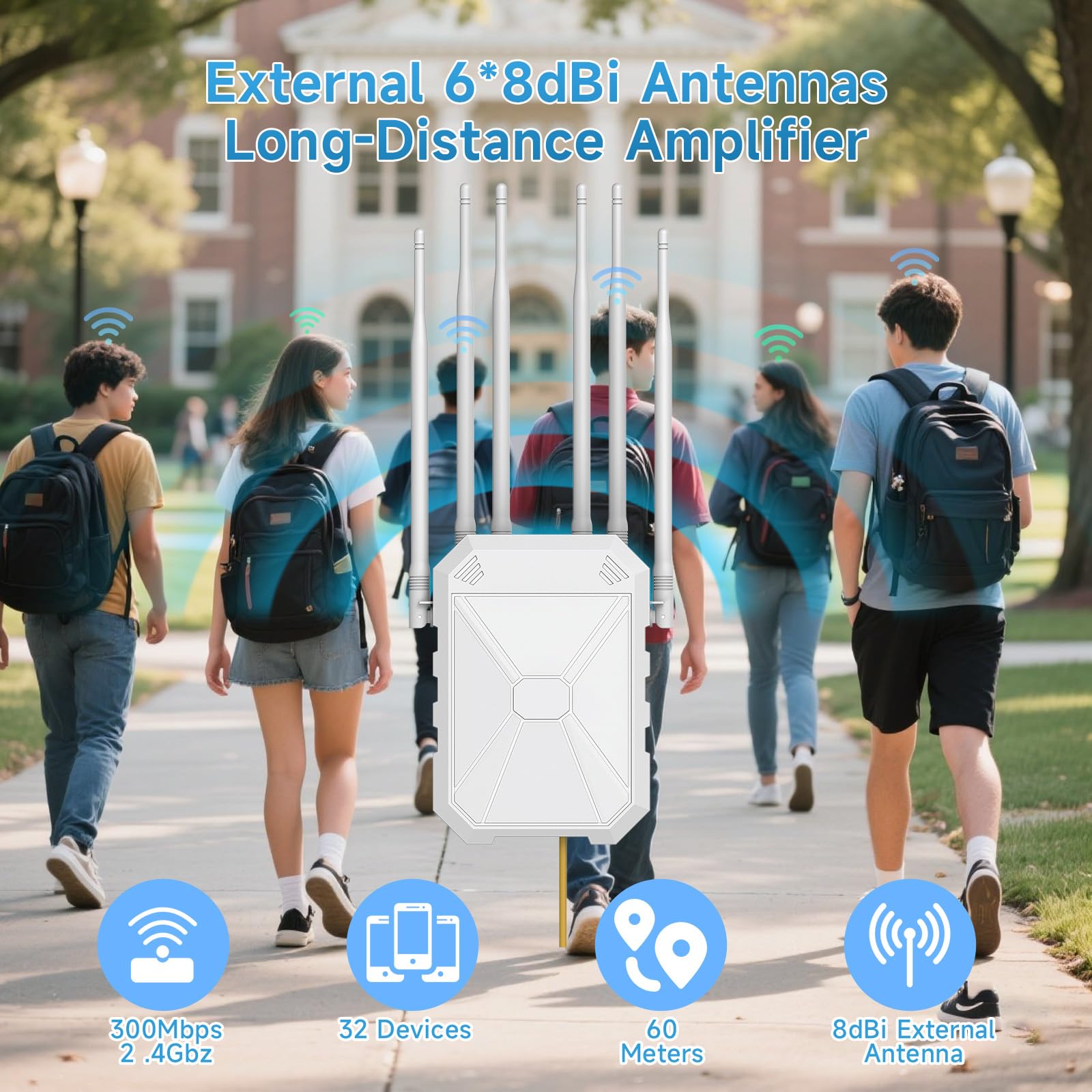 N300 Repetidor WiFi Exterior con 6 Antenas, Amplificador WiFi Exterior de Largo Alcance, Resistencia A La Intemperie Ip67, Amplificador Compatible con PoE Pasivo, para JardíN, CáMara