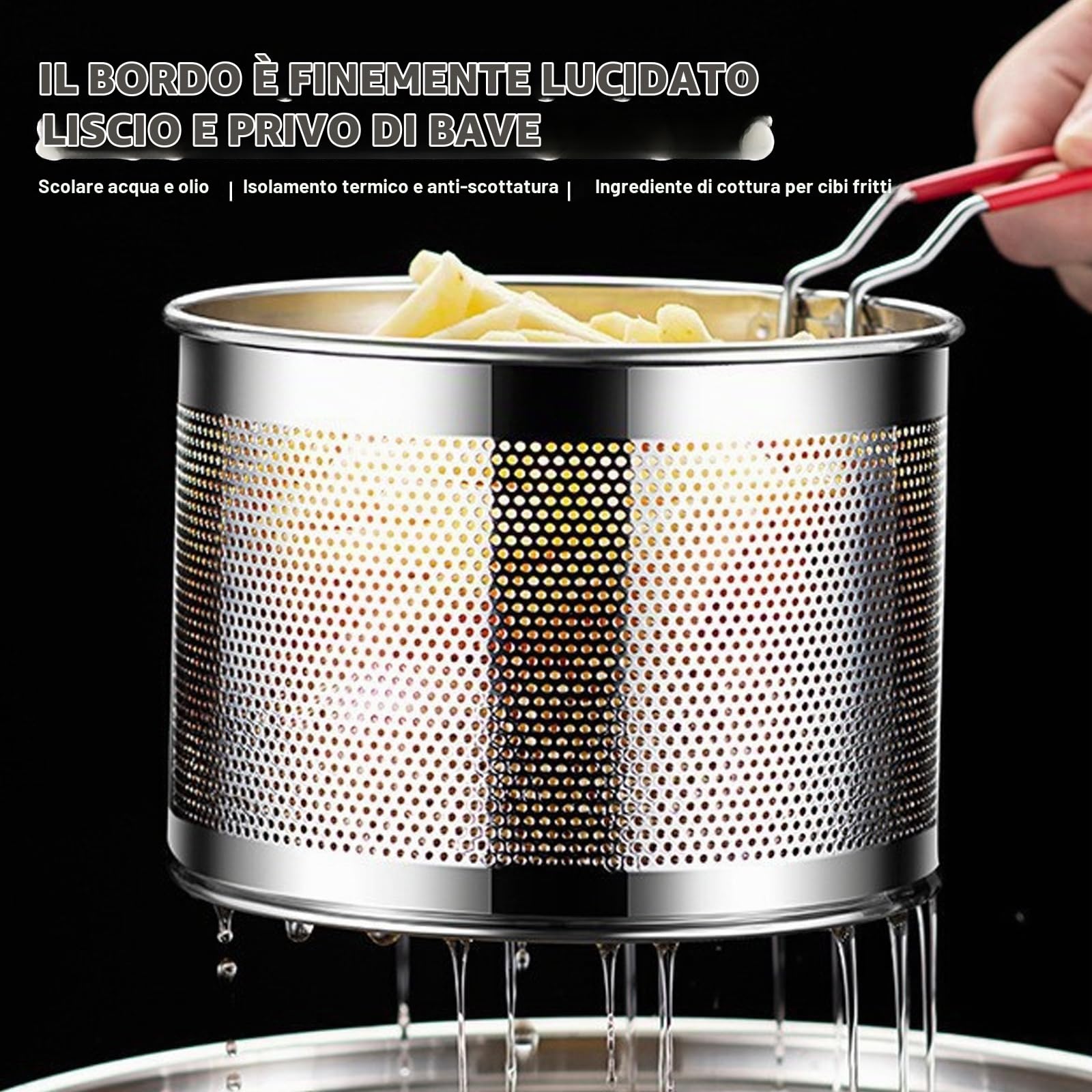 Cestino per patatine, 3 pezzi, in acciaio inox, per alimenti, per la pasta, con manico rimovibile, colino da cucina, colino da cucina per il lavaggio, sgocciolare, friggere, cottura a vapore
