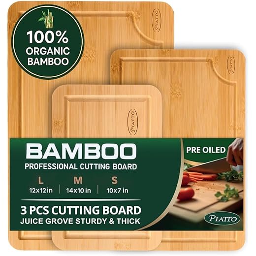Bamboo Cutting Board For Kitchen (3 Pcs) – Durable Wooden Cutting Board Non Toxic – Chopping Boards For Kitchen With Deep Juice Groove And Built-in Handles, Ideal Charcuterie, Meat, Vegetables