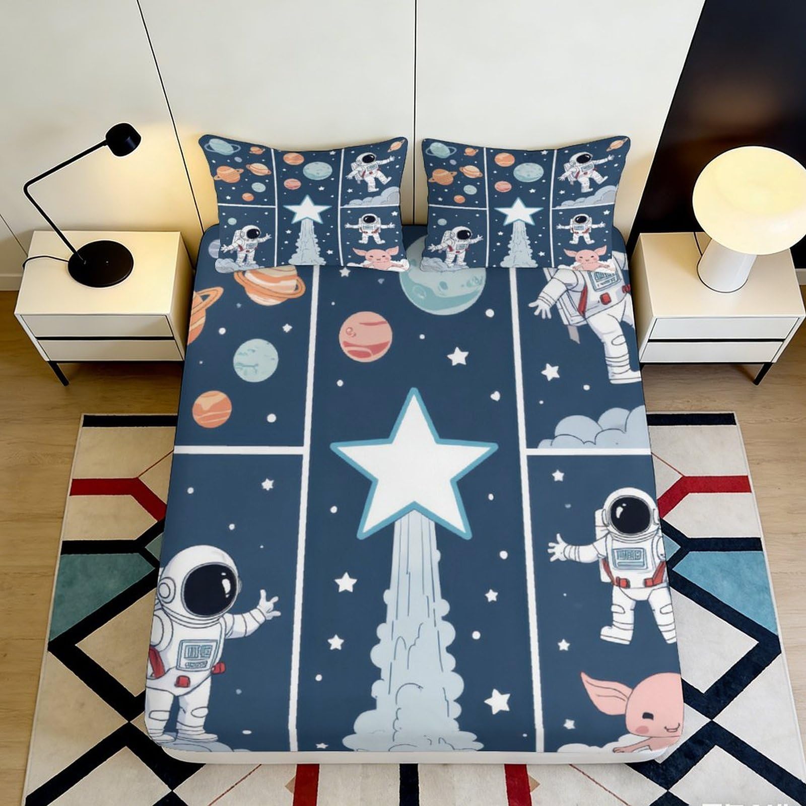 3D Printed Astronaut Galaxy Fitted Sheet Microfiber Deep Pocket Bedroom Bedding Space Mattress Fitted Cover Full Wrap for Adults Teens 200x200x25cm 90x200x25cm