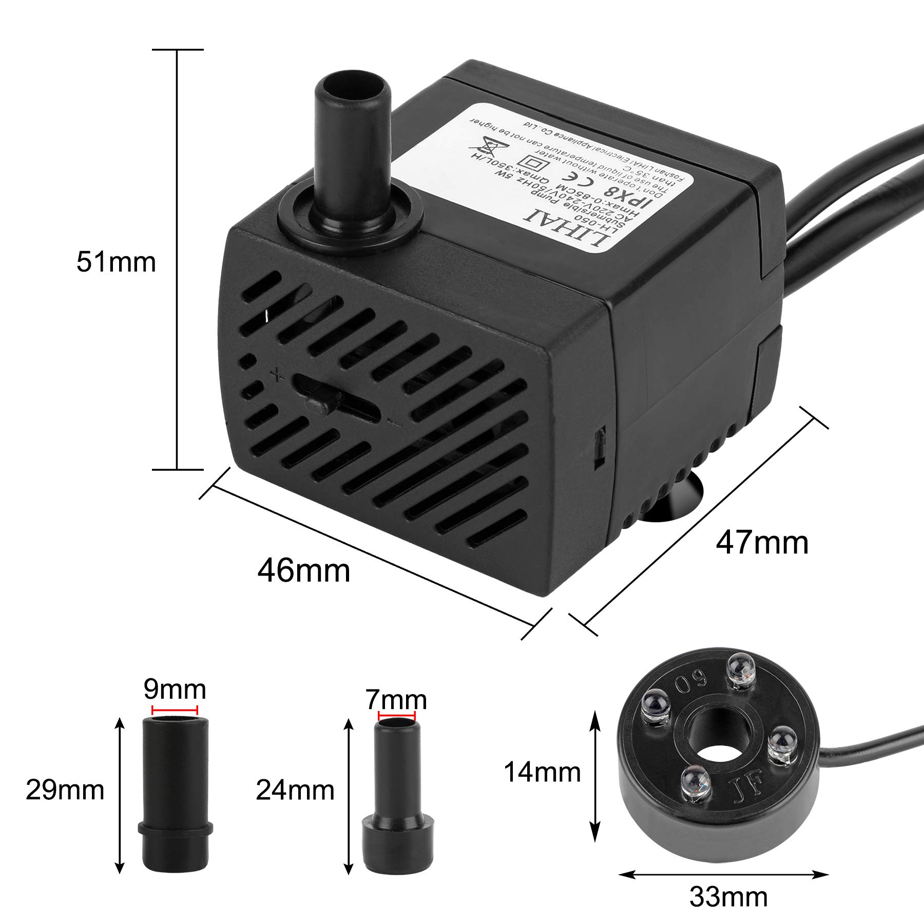 Mini pompa wodna z 4 diodami LED, 350 l/h, 3,5 W, do akwarium, pompa wodna do ogrodu, studni, ogrodu skalnego, pompa do akwarium, pompa zanurzeniowa, maks. wysokość tłoczenia 0,85 m