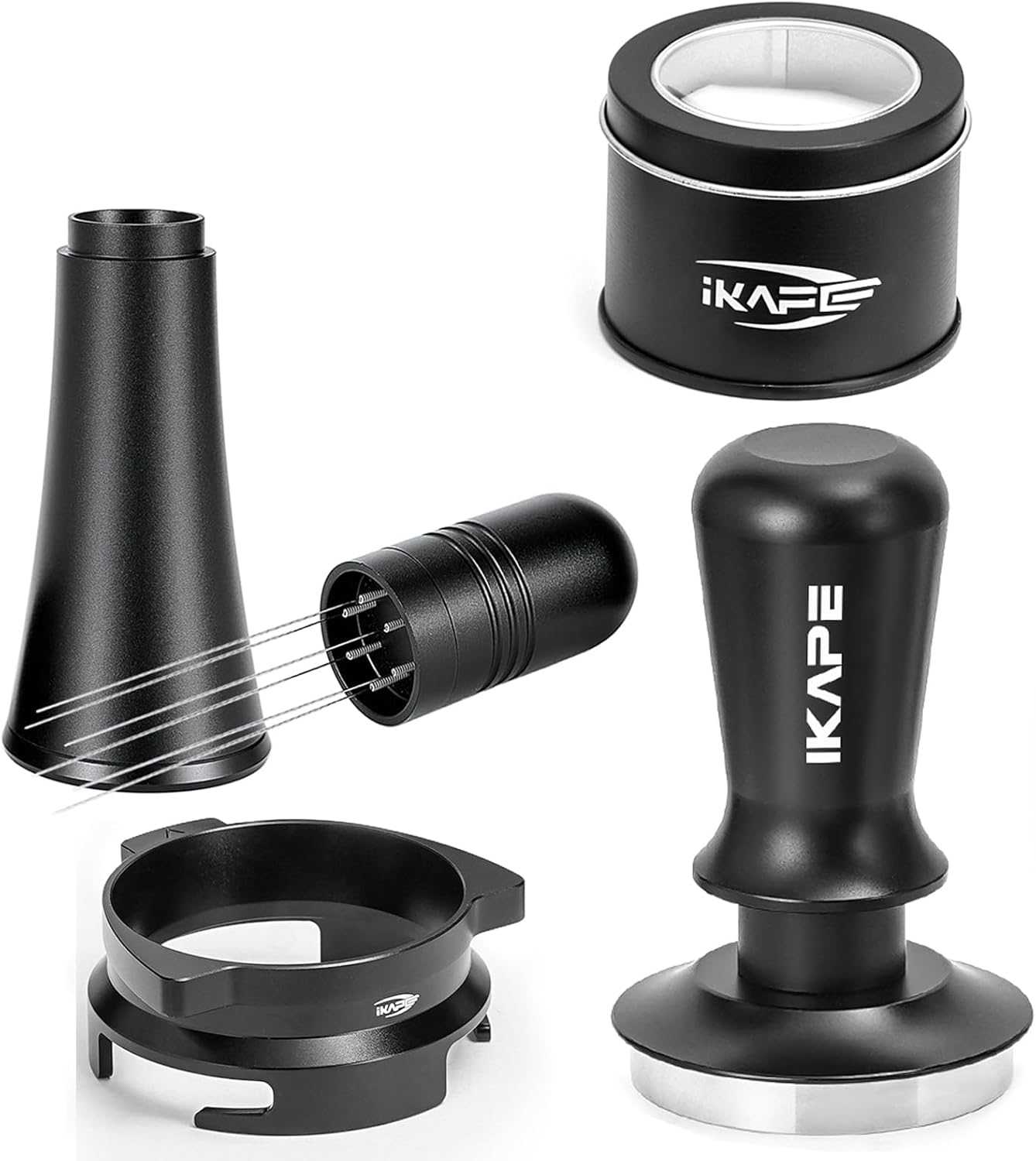 IKAPE 54mm Espresso Tamper Kit 4 in 1 Black, Complete Portafilter accessory set, 53mm Coffee Tamper, WDT Tool, Paper Filters (200pc), Dosing Funnel for Breville Portafilters