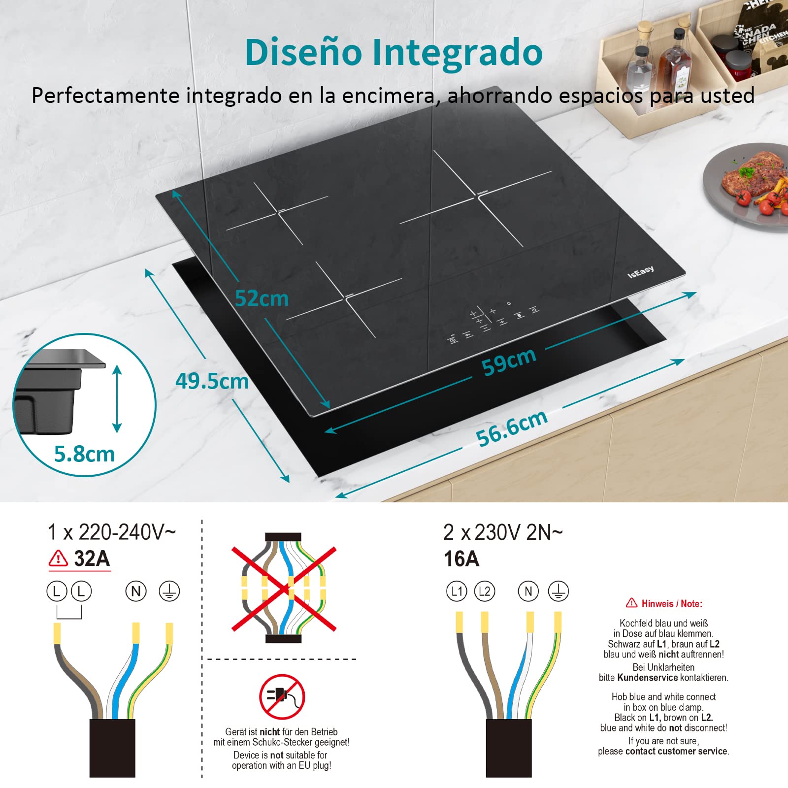 Piano cottura elettrico a induzione, 3 zone, 9 livelli di potenza (5800 W, 3 fuochi, da incasso, touch control)