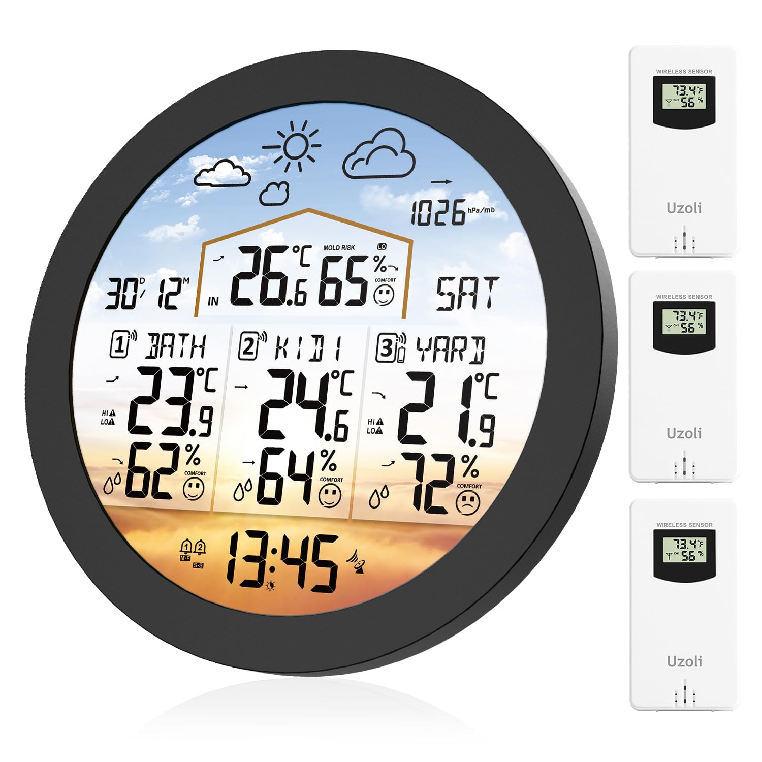 Uzoli Wetterstation mit 3 Außensensoren, 6,5" Großes Farbdisplay, DCF Funkuhr, Wettervorhersage, Innen/Außen Thermometer, Hygrometer, Luftdruck, Schimmelrisiko & Komfortstufe – EM3567